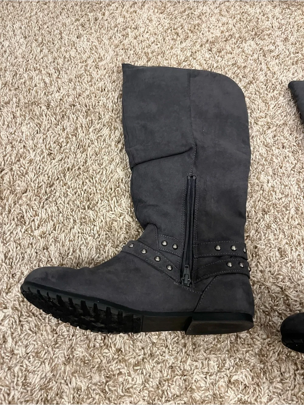 Women’s Tall Grey Studded Buckle Boots